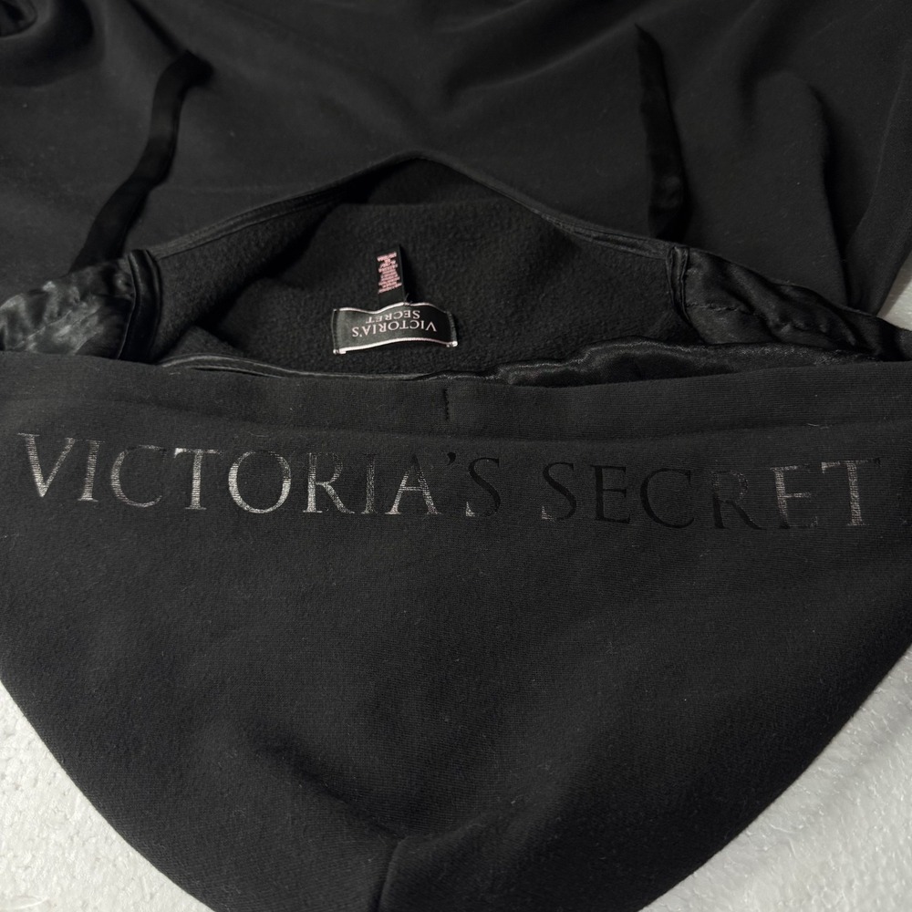 Victorias Secret Womens Black Satin Trim Cropped V-Neck Hoodie Sweatshirt XL - Picture 4 of 13